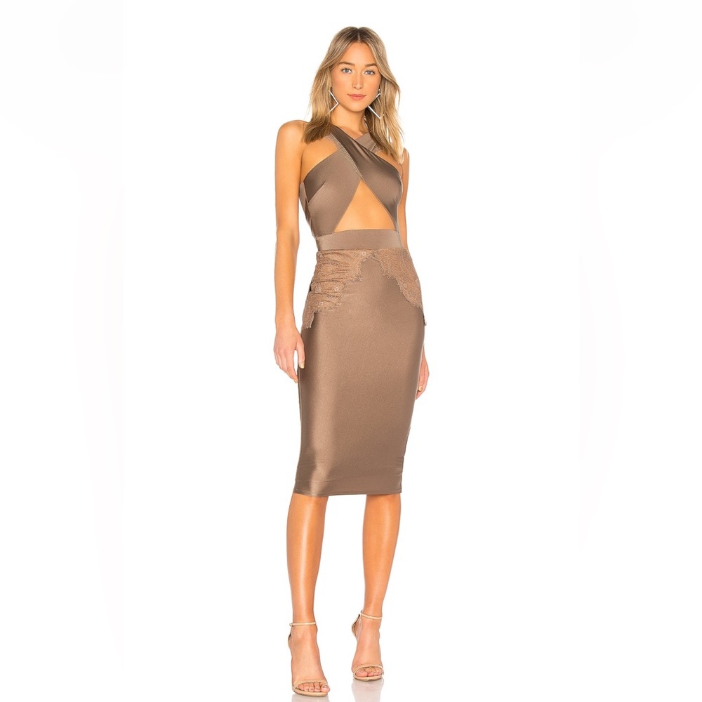 Micheal Costello Phillip midiS pandex and Lace Shaping Taupe dress. Size S